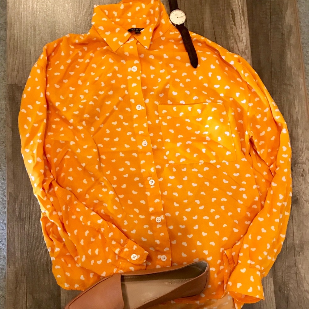 F21 goldenrod button down with small white hearts
